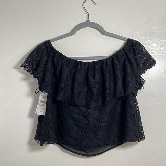 GUESS Women's Sasha Off-The-Shoulder Black top Blouse Lace Size Medium NWT - Picture 2 of 7